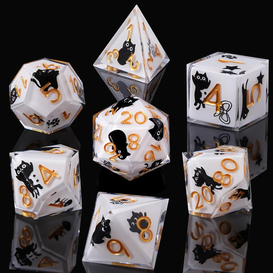Black Cat Dice-in-Dice Resin Set – 7PCS Premium Polyhedral Dice for DND & TTRPG | Collector-Grade Gift for Cat Lovers