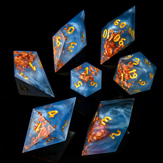 Crystal-Infused Sharp Edge Resin Dice Set – Metallic Foil Polyhedral Dice for DND & TTRPG Collectors