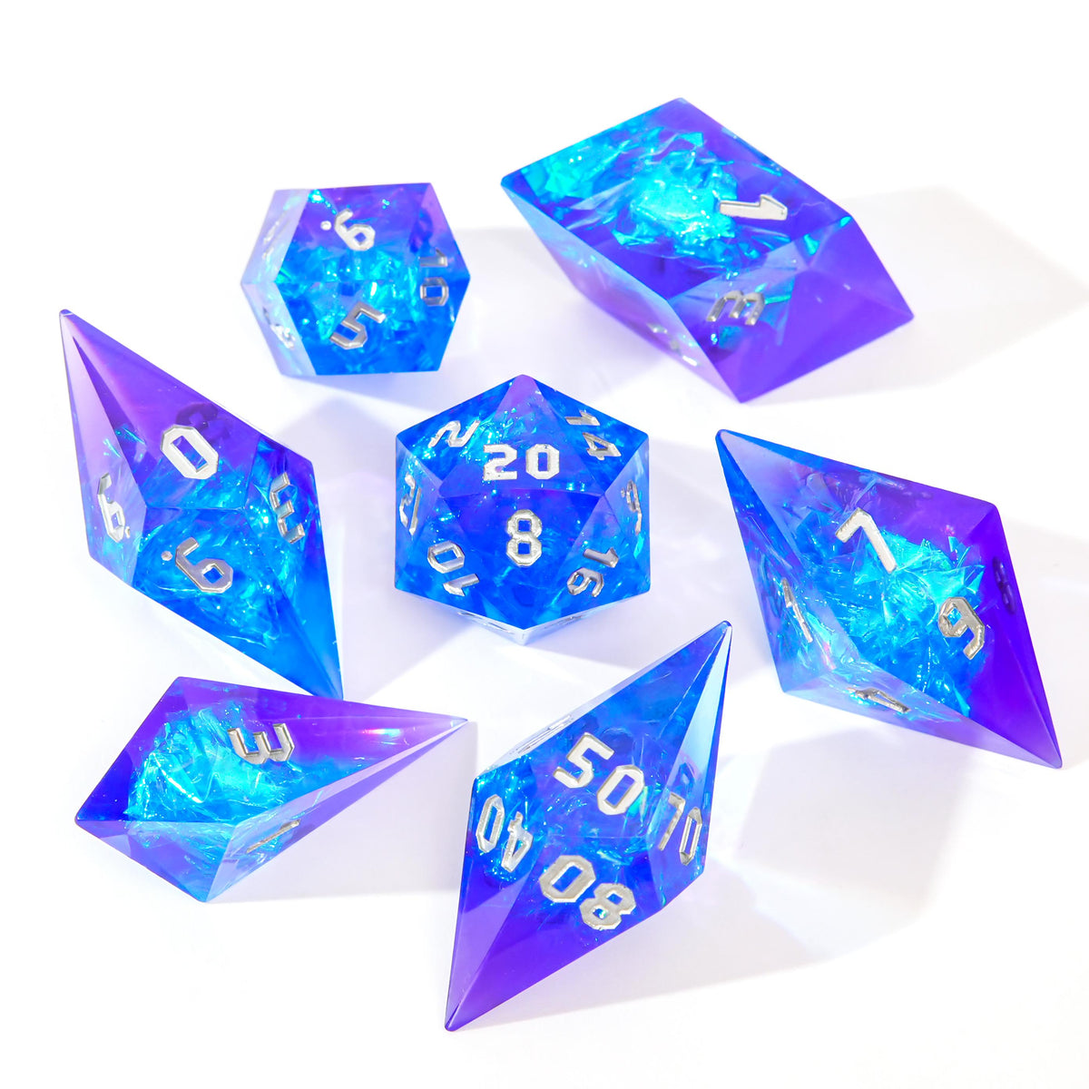 Crystal-Infused Sharp Edge Resin Dice Set – Metallic Foil Polyhedral Dice for DND & TTRPG Collectors