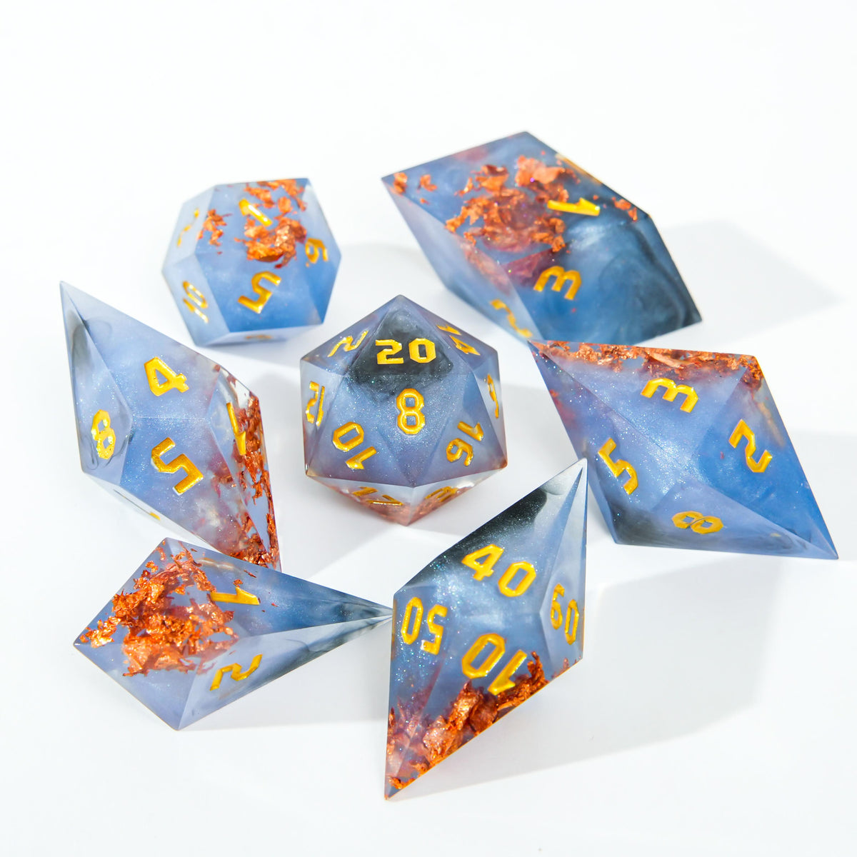 Crystal-Infused Sharp Edge Resin Dice Set – Metallic Foil Polyhedral Dice for DND & TTRPG Collectors
