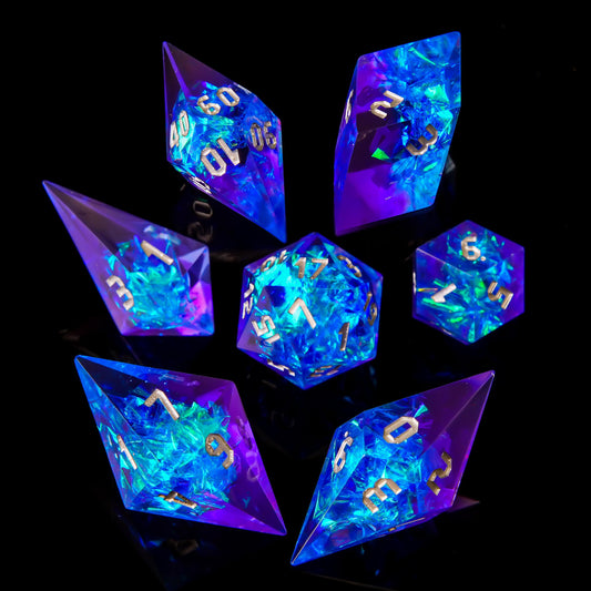 Crystal-Infused Sharp Edge Resin Dice Set – Metallic Foil Polyhedral Dice for DND & TTRPG Collectors