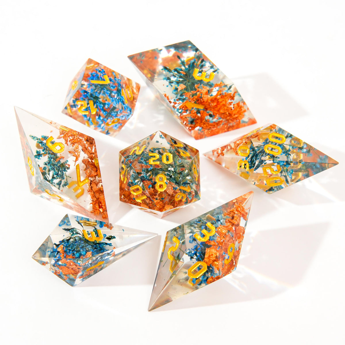 Crystal-Infused Sharp Edge Resin Dice Set – Metallic Foil Polyhedral Dice for DND & TTRPG Collectors