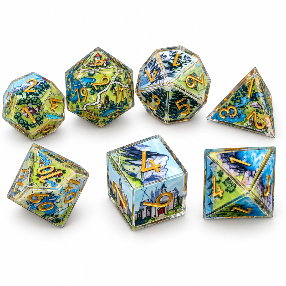 Adventure Map DND Dice Set – 7-Piece Sharp Edge Resin Dice with Gold Numbers
