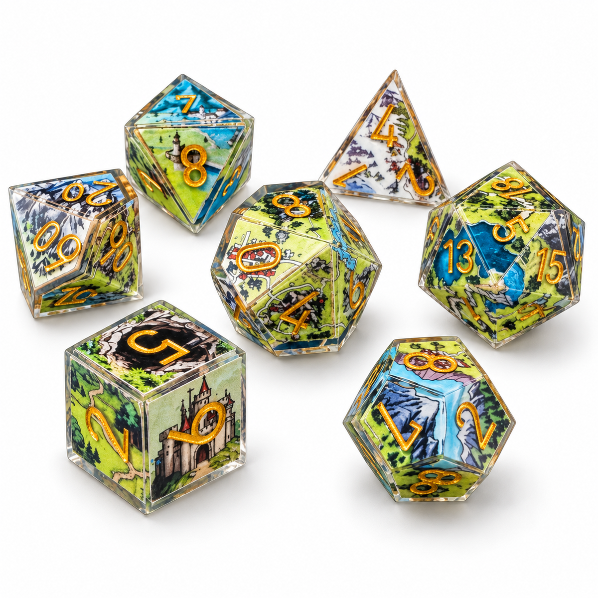 Adventure Map DND Dice Set – 7-Piece Sharp Edge Resin Dice with Gold Numbers