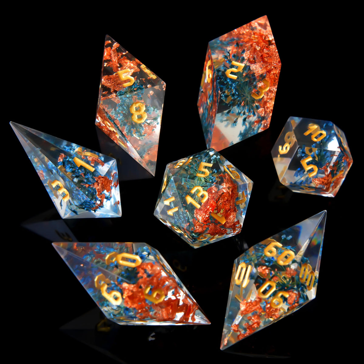 Crystal-Infused Sharp Edge Resin Dice Set – Metallic Foil Polyhedral Dice for DND & TTRPG Collectors